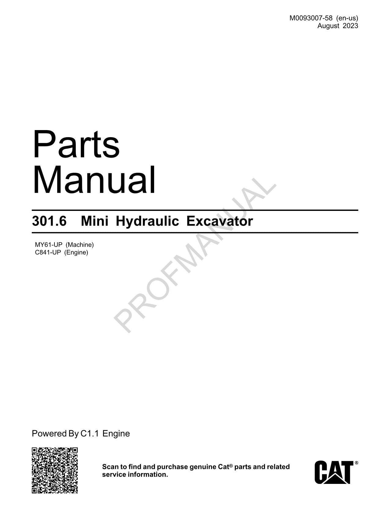 Caterpillar Cat 301.6 Mini Hydraulic Excavator Parts Catalog Manual