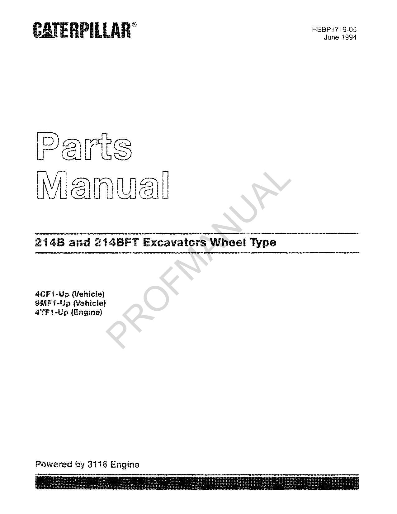 Caterpillar Cat 214B 214BFT Excavator Wheel Type Parts Catalog Manual