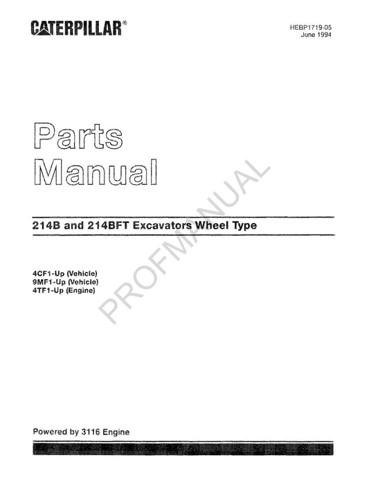 Caterpillar Cat 214B 214BFT Excavator Wheel Type Parts Catalog Manual