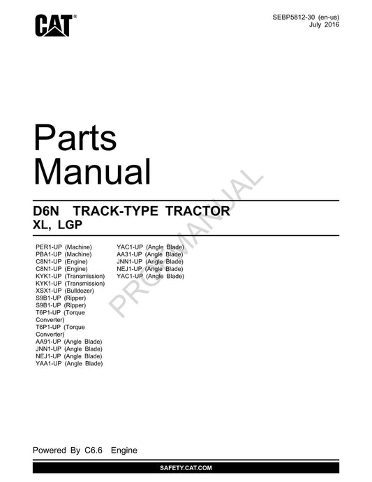 Catalogue de pièces détachées pour tracteur à chenilles Caterpillar Cat D6N XL LGP SEBP5812