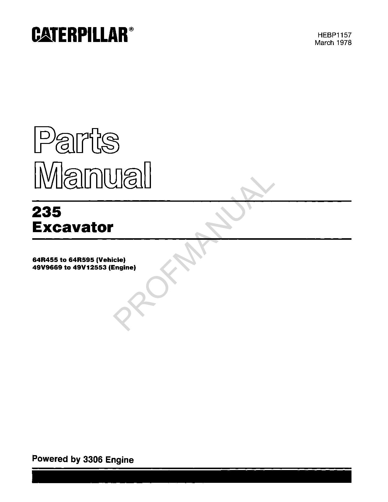 Caterpillar 235 Excavator Parts Catalog Manual 64R455-64R595 49V9669-49V12553