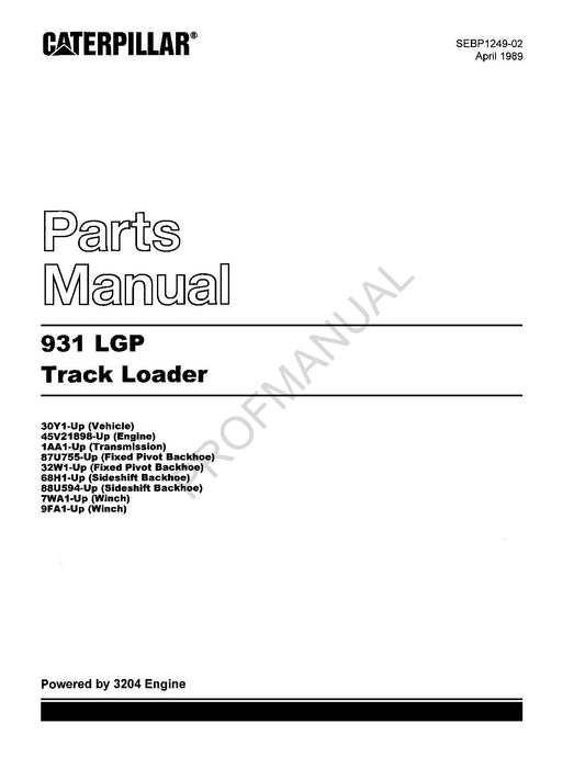 Caterpillar Cat 931 LGP Track Loader Parts Catalog Manual