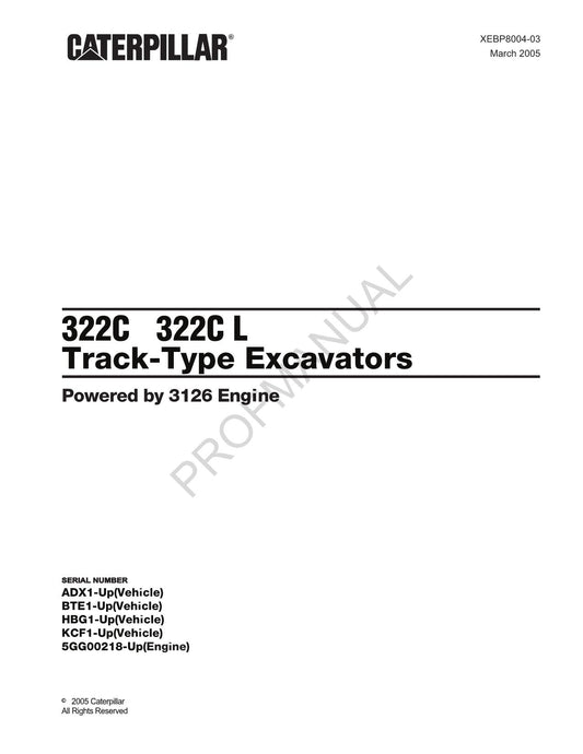 Caterpillar Cat 322C 322C L Track Type Excavator Parts Catalog Manual XEBP8004