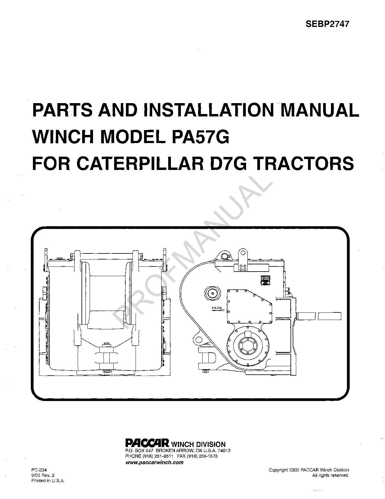 Catalogue de pièces détachées pour tracteur Caterpillar Cat Winch modèle PA57G D7G SEBP2747