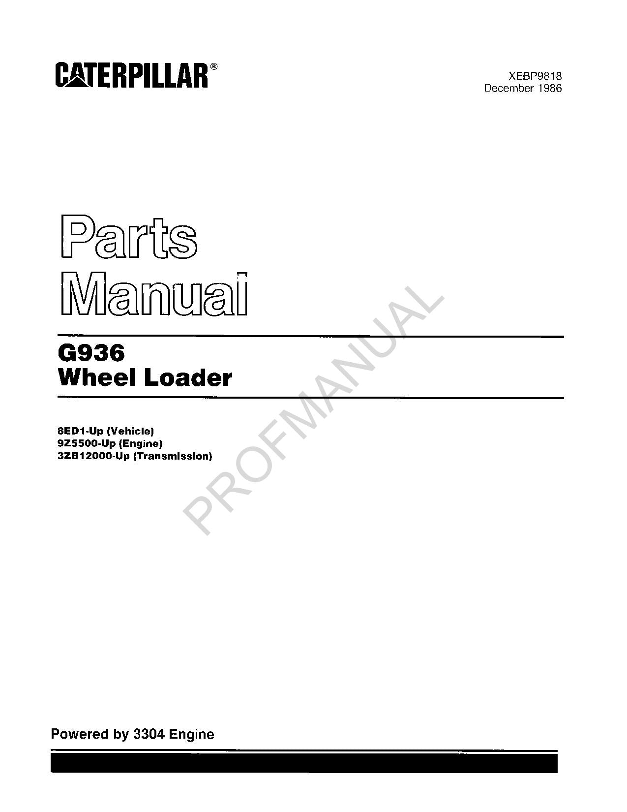 Caterpillar Cat G936 Wheel Loader Parts Catalog Manual XEBP9818