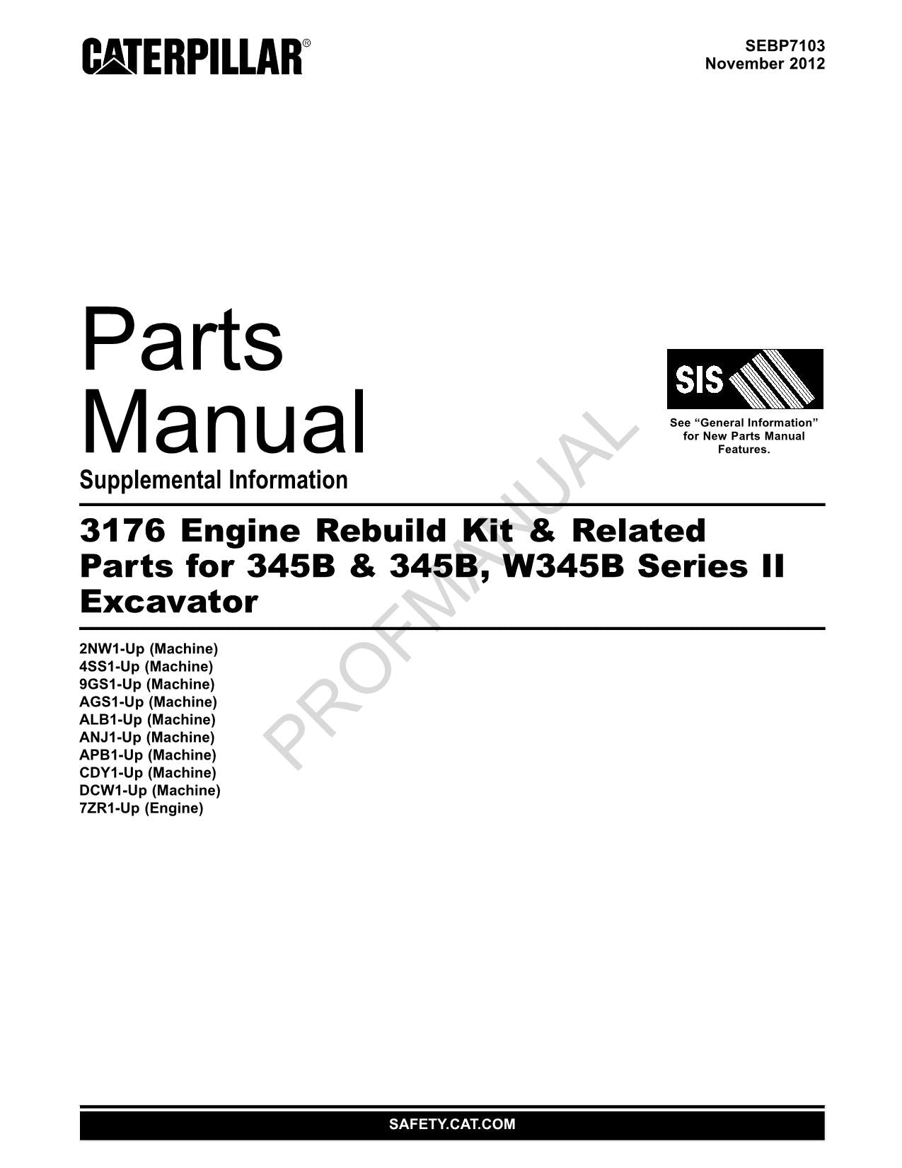 Caterpillar 3176 Engine 345B 345B W345B II Excavator SUPPL Parts Catalog Manual