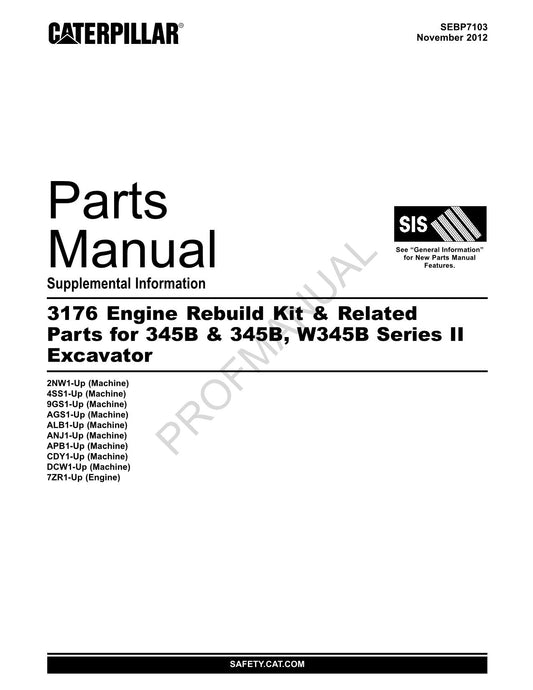 Caterpillar 3176 Motor 345B 345B W345B II Bagger SUPPL Teilekatalog Handbuch