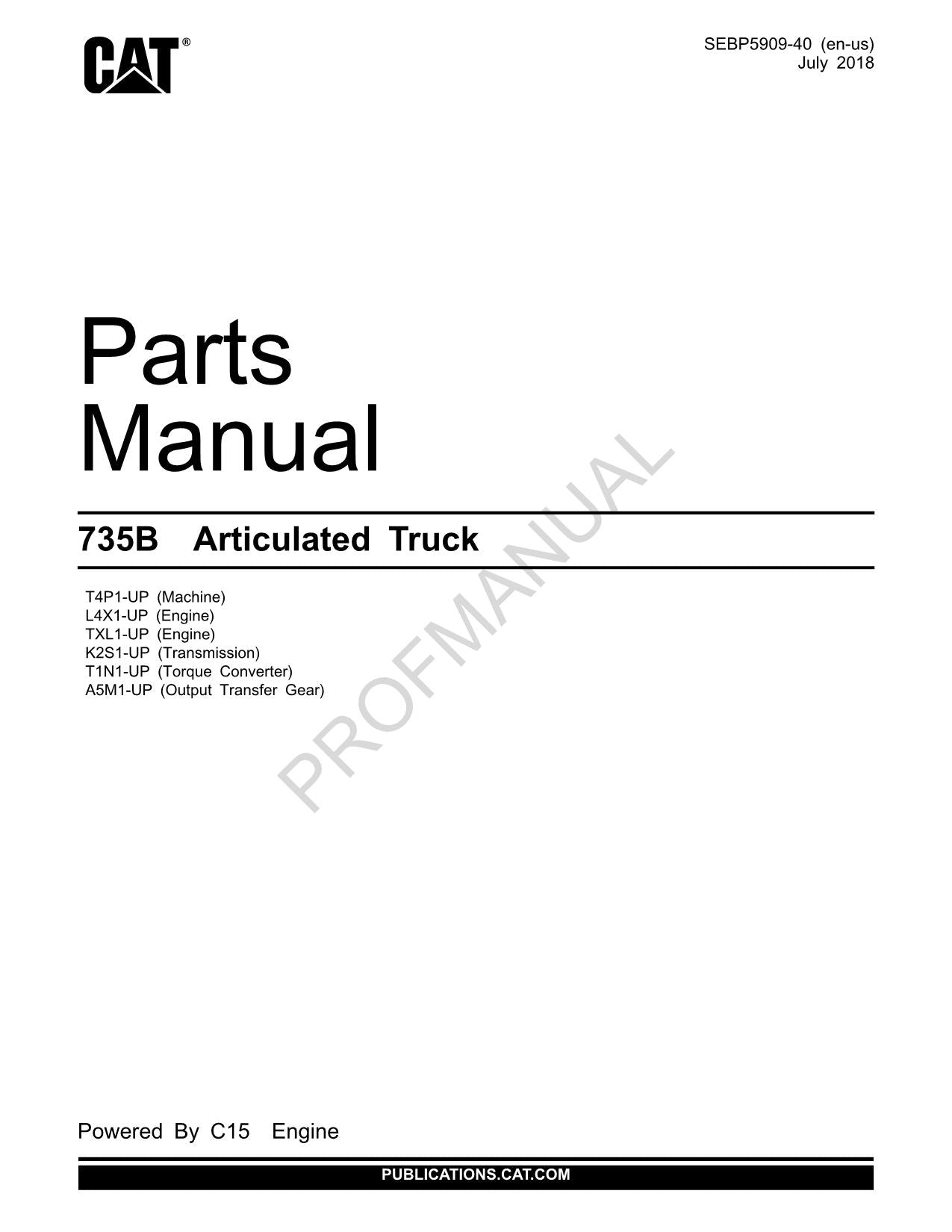 Caterpillar Cat 735B Articulated Truck Parts Catalog Manual SEBP5909