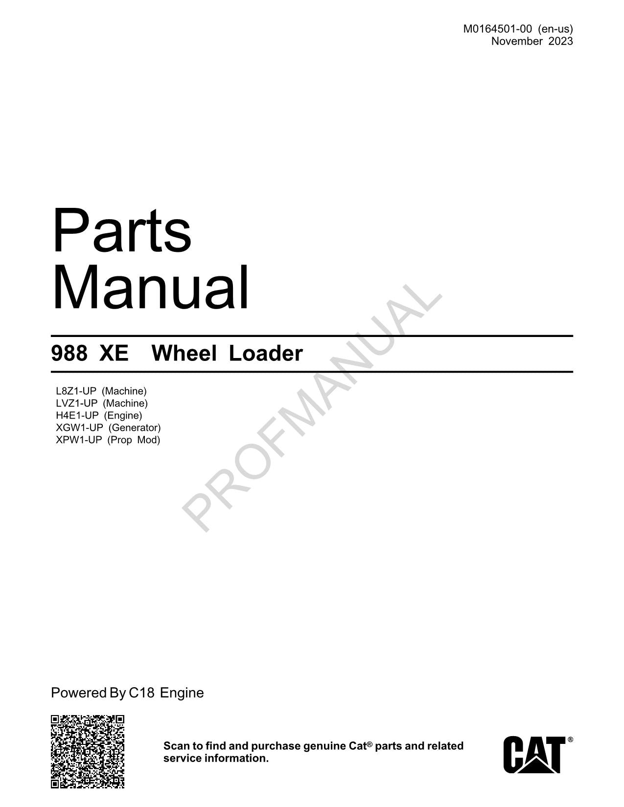 Caterpillar Cat 988 XE Wheel Loader Parts Catalog Manual M0164501