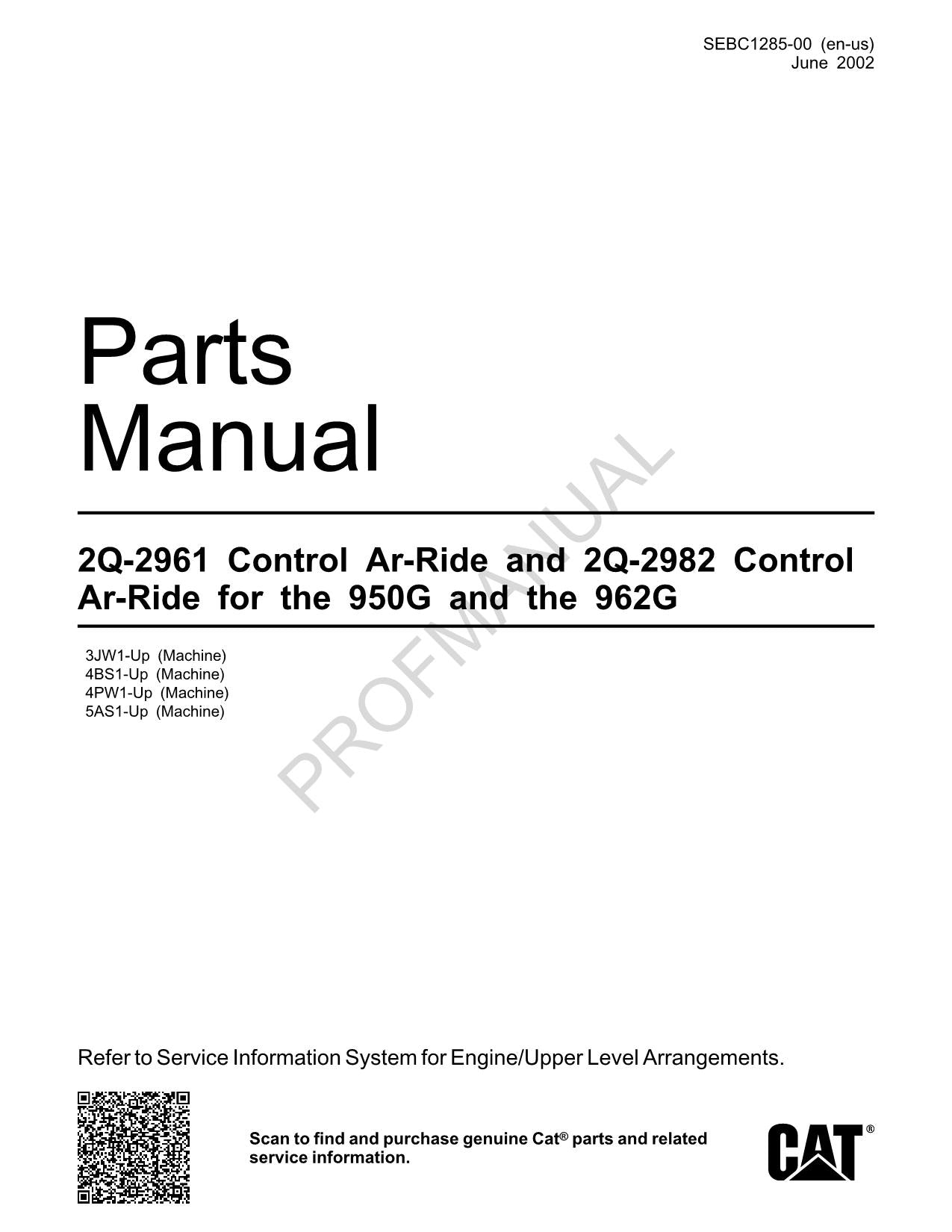 Caterpillar 2Q 2961 2Q 2982 Contrl Gp Ride 950G 962G Lader Teilekatalog Handbuch