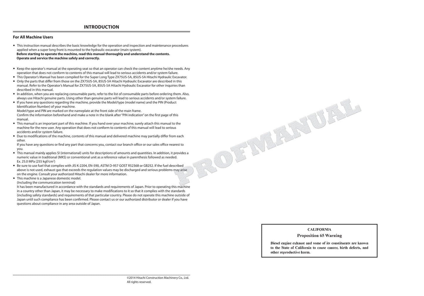 HITACHI ZX75US-5A ZX85US-5A Super Long Front Excavator Parts Catalog Manual