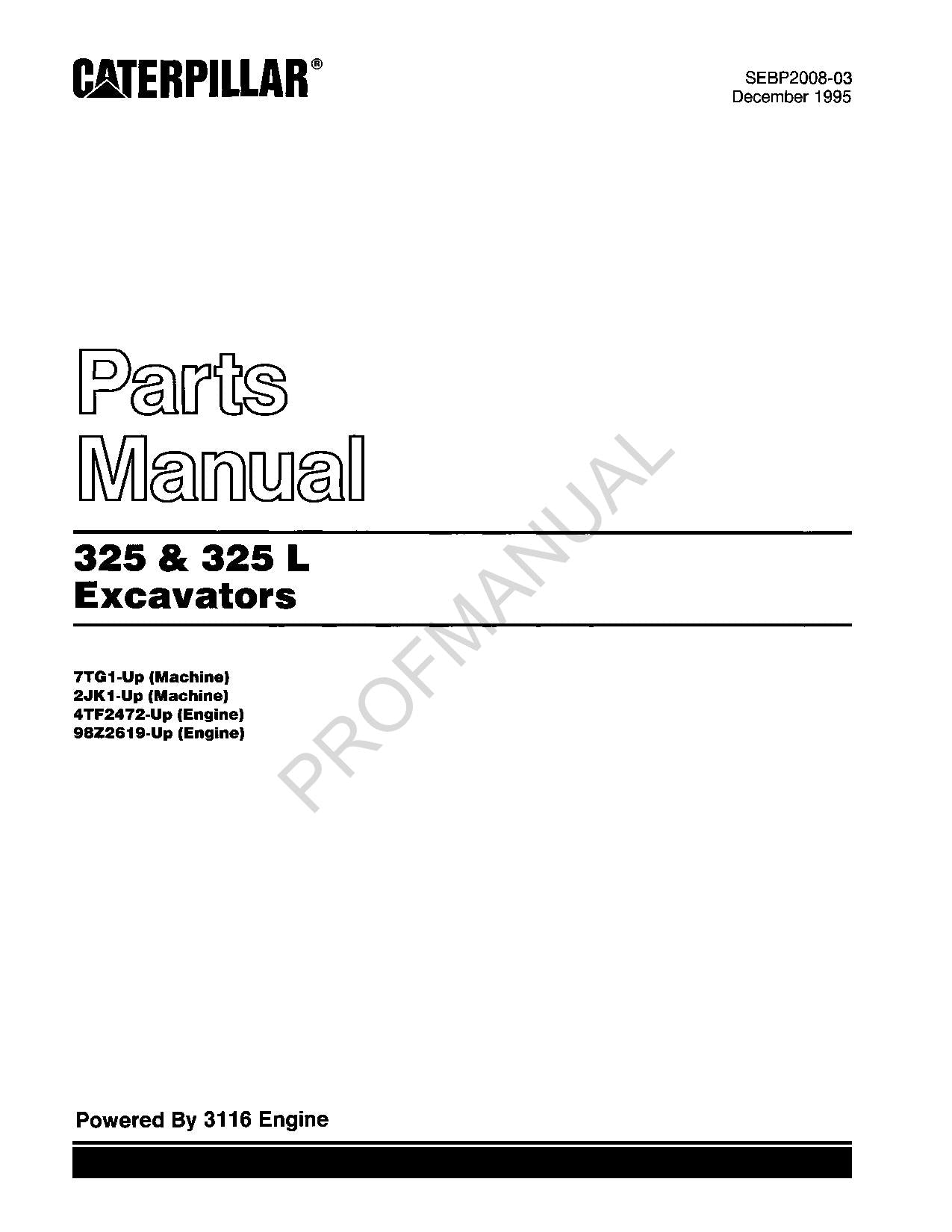 Manuel du catalogue des pièces détachées pour excavatrice Caterpillar Cat 325 325L SEBP2008