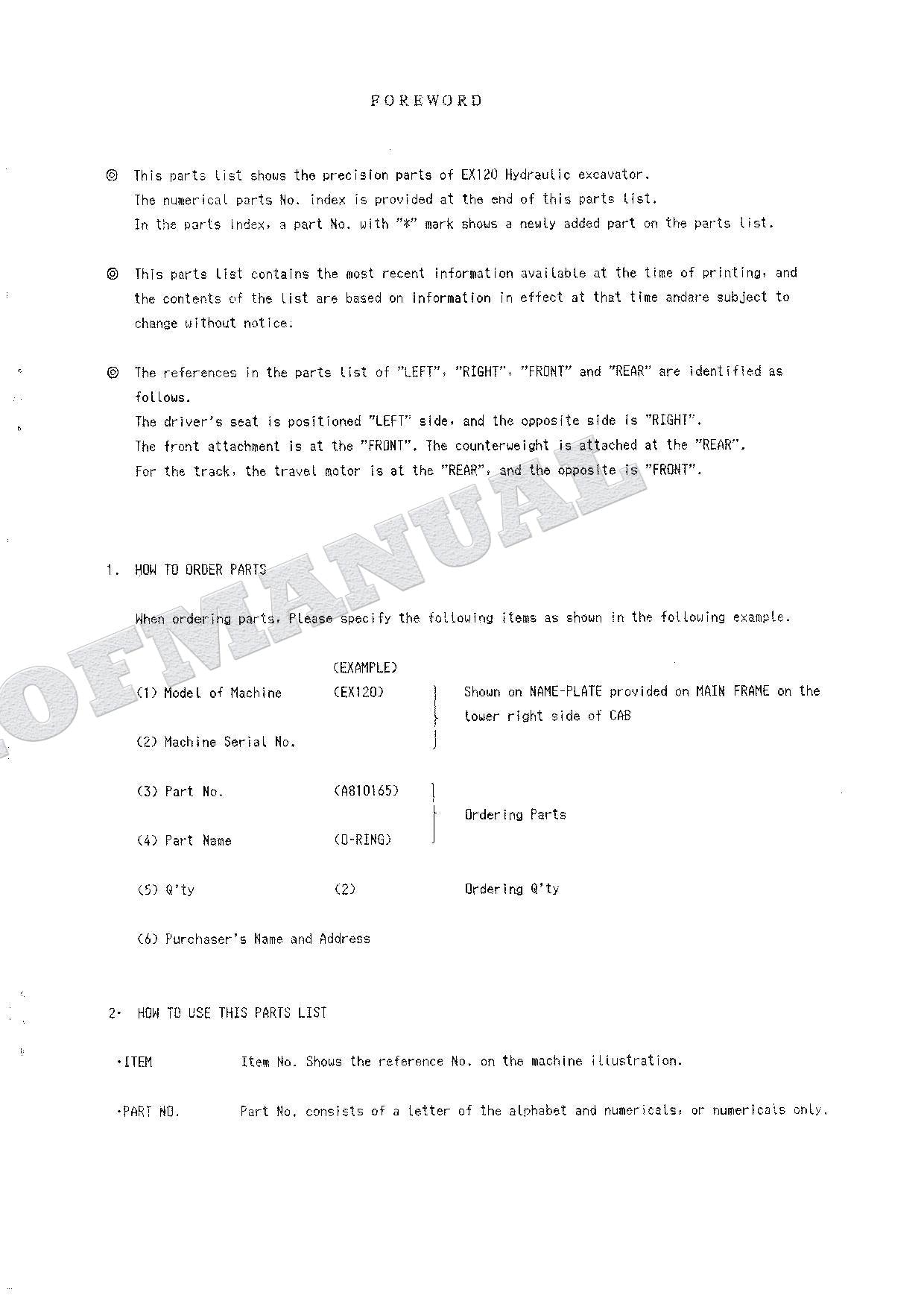 HITACHI EX120 Equipment Component Excavator Parts Catalog Manual SN ALL