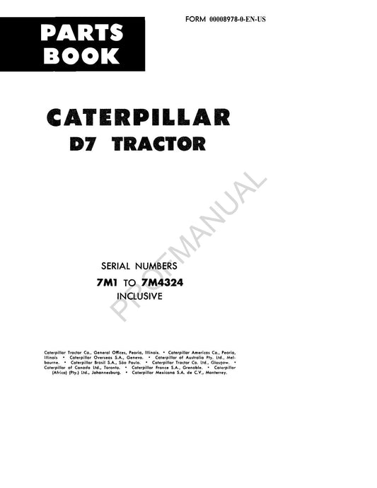 Caterpillar Cat D7 Tractor Parts Catalog Manual ser 7M1-4324