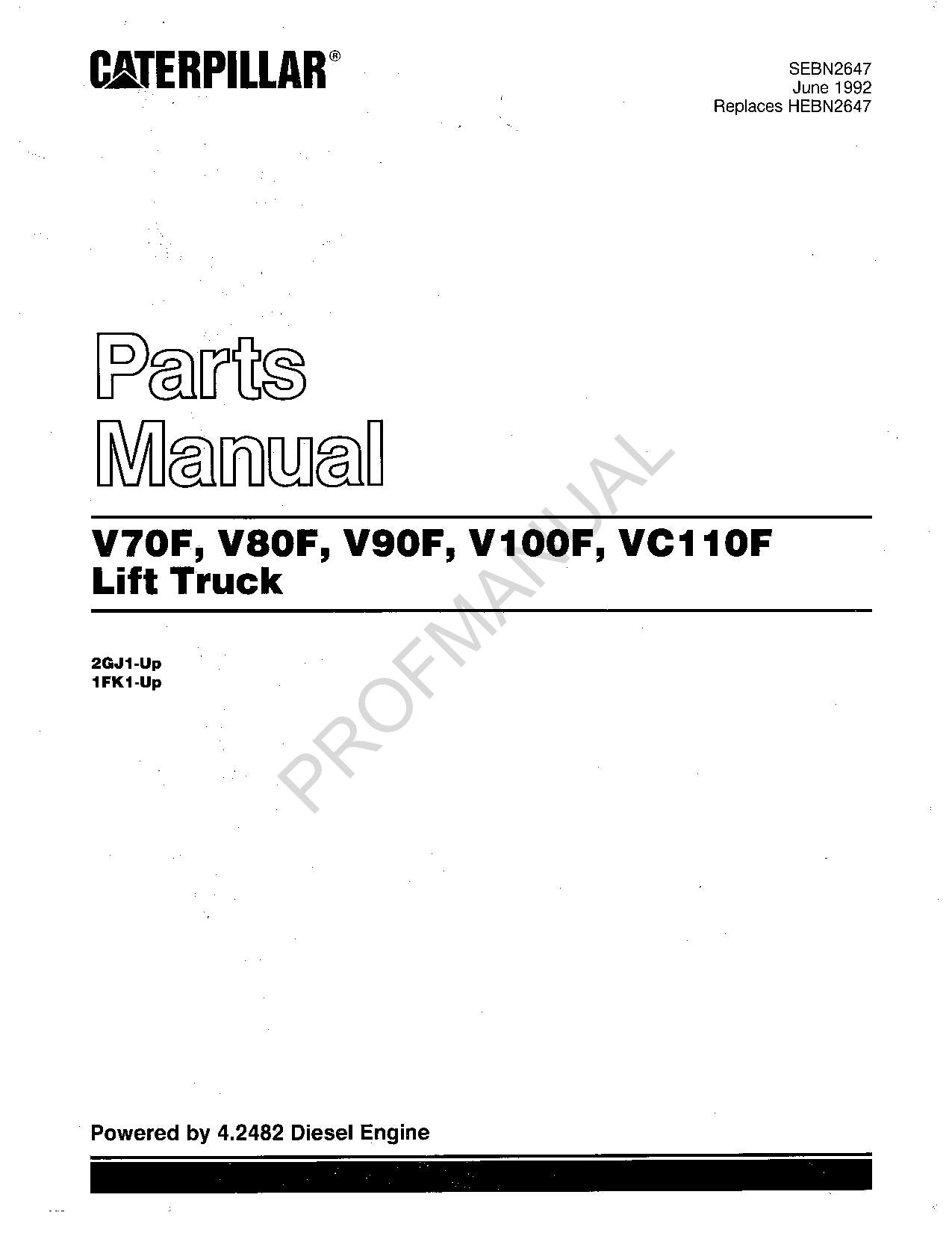 Caterpillar Cat V70F V80F V90F Lift Off Highway Truck Parts Catalog Manual