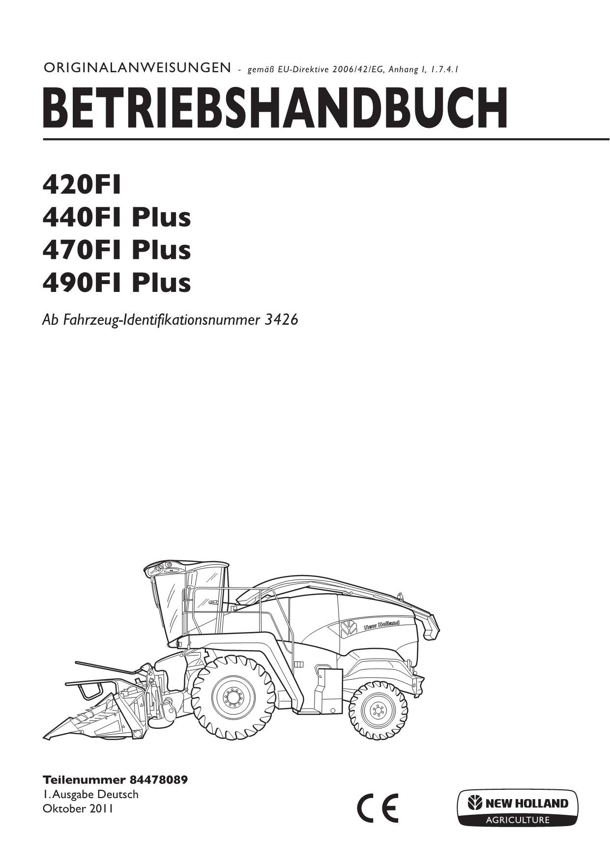 New Holland 420FI 440FI PLUS 470FI PLUS 490FI PLUS Schneidwerk Betriebsanleitung