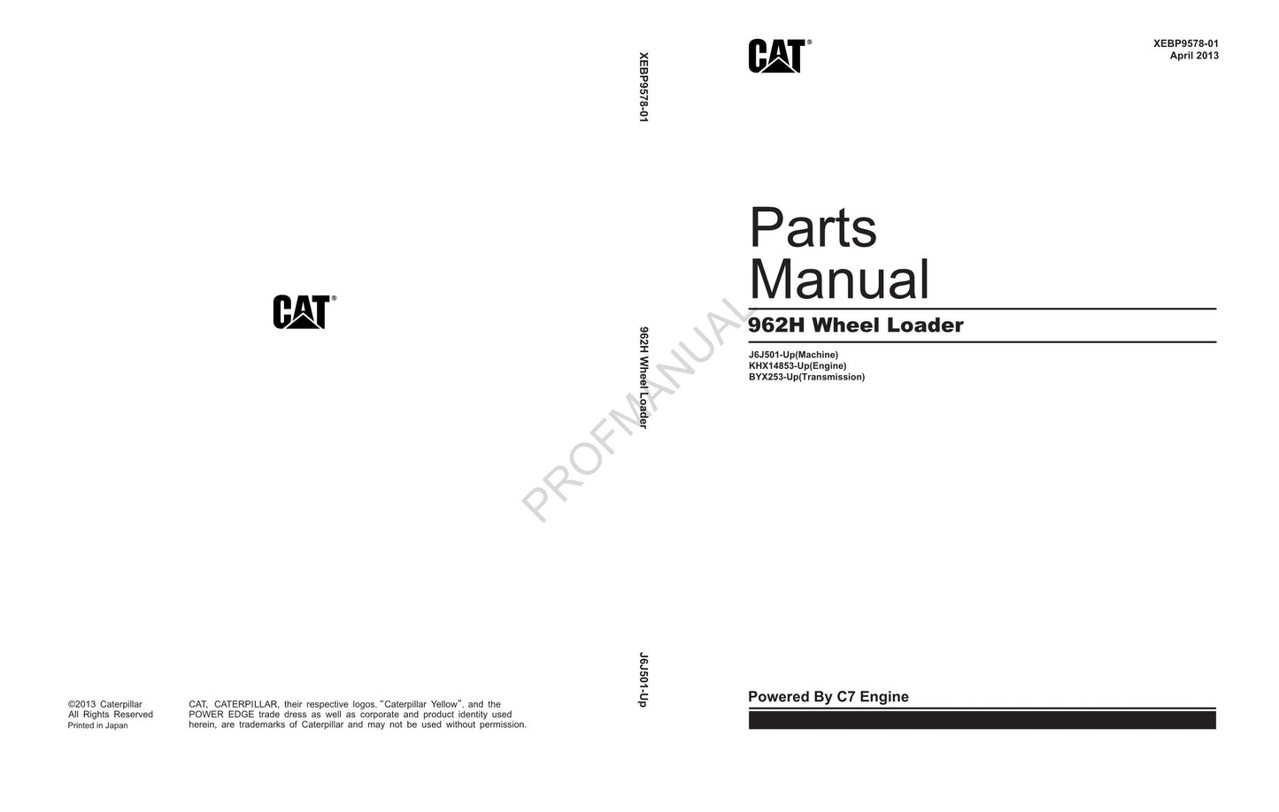 Caterpillar Cat 962H Wheel Loader Parts Catalog Manual XEBP9578