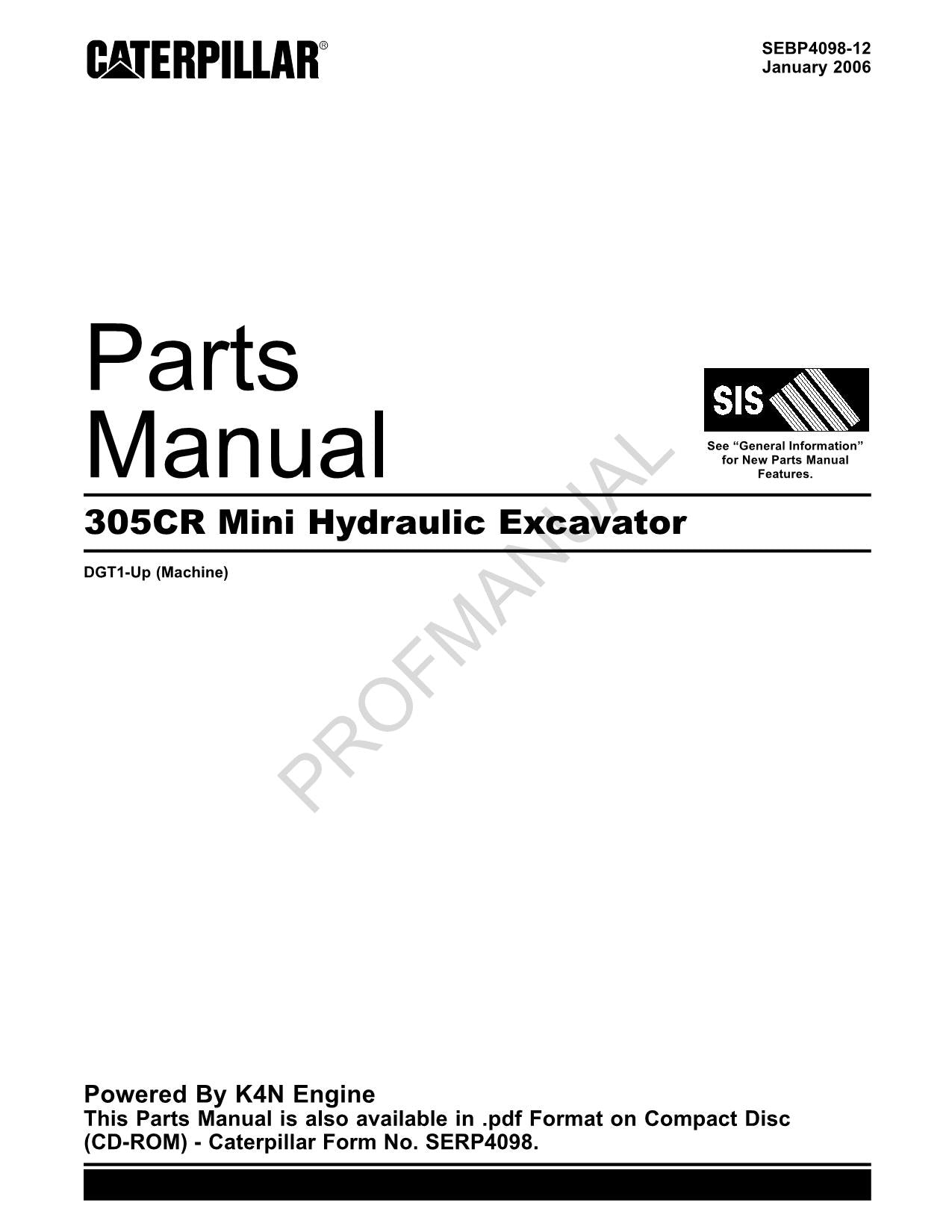 Caterpillar Cat 305CR Mini Hydraulic Excavator Parts Catalog Manual ser DGT1-Up