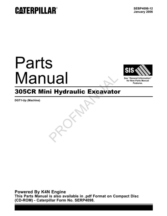 Caterpillar Cat 305CR Mini Hydraulic Excavator Parts Catalog Manual ser DGT1-Up