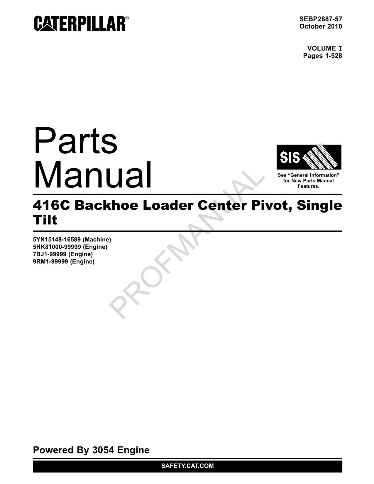 Caterpillar Cat 416C Backhoe Loader Center Pivot Parts Catalog Manual SEBP2887