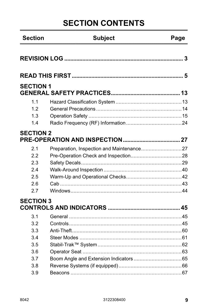 SKYTRAK 8042 Telehandler Maintenance Operation Operators Manual 3122308400