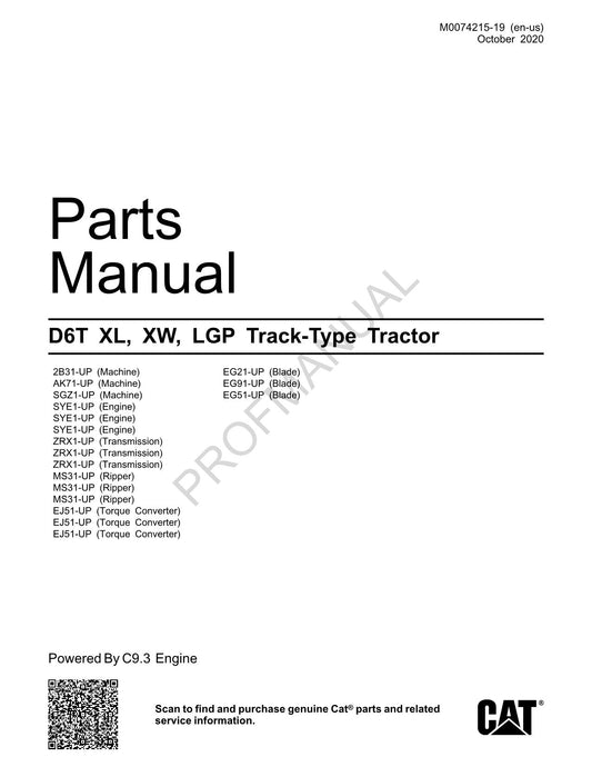 Caterpillar Cat D6T XL XW LGP Track Type Tractor Parts Catalog Manual M0074215