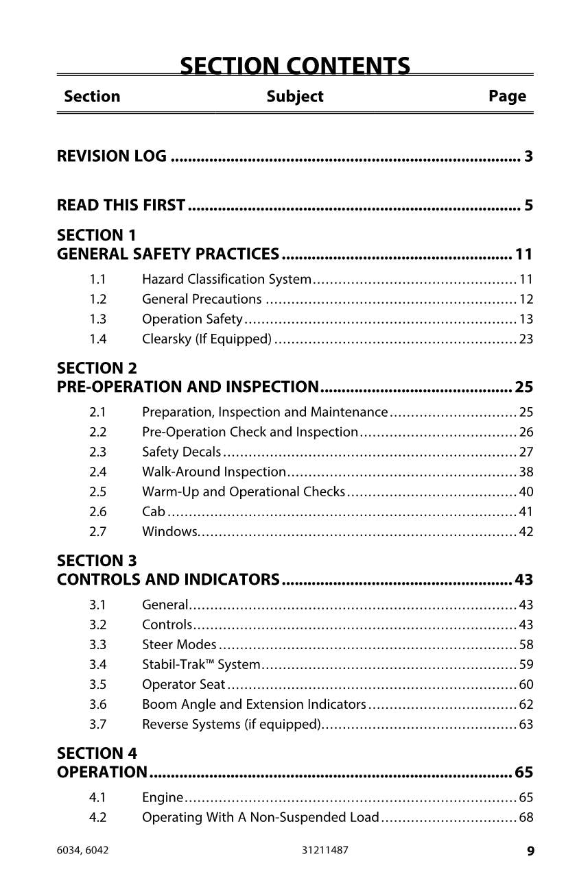 SKYTRAK 6034 6042 Telehandler Maintenance Operation Operators Manual 31211487