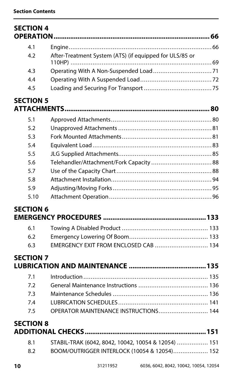 SKYTRAK 10042 10054 12054 6036 6042 8042 Telehandler Operators Manual 31211952