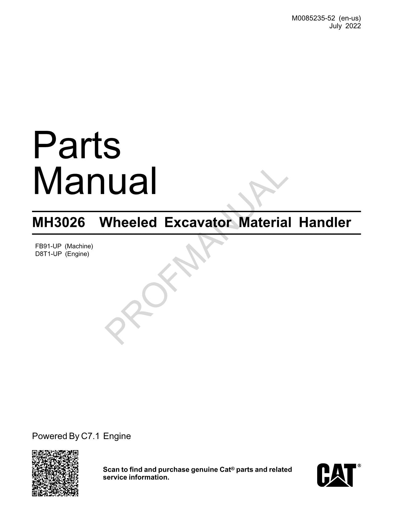 Caterpillar Cat MH3026 Wheeled Excavator Material Handler Parts Catalog Manual