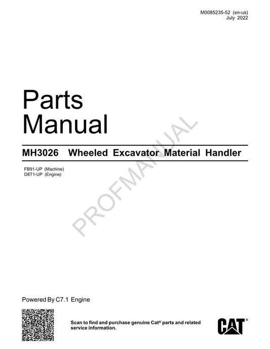 Caterpillar Cat MH3026 Wheeled Excavator Material Handler Parts Catalog Manual