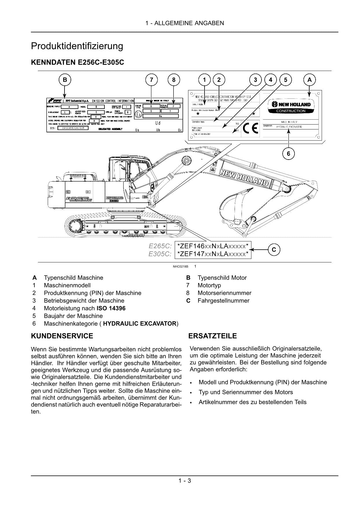 New Holland E265C E305C Bagger Manuel d'instructions