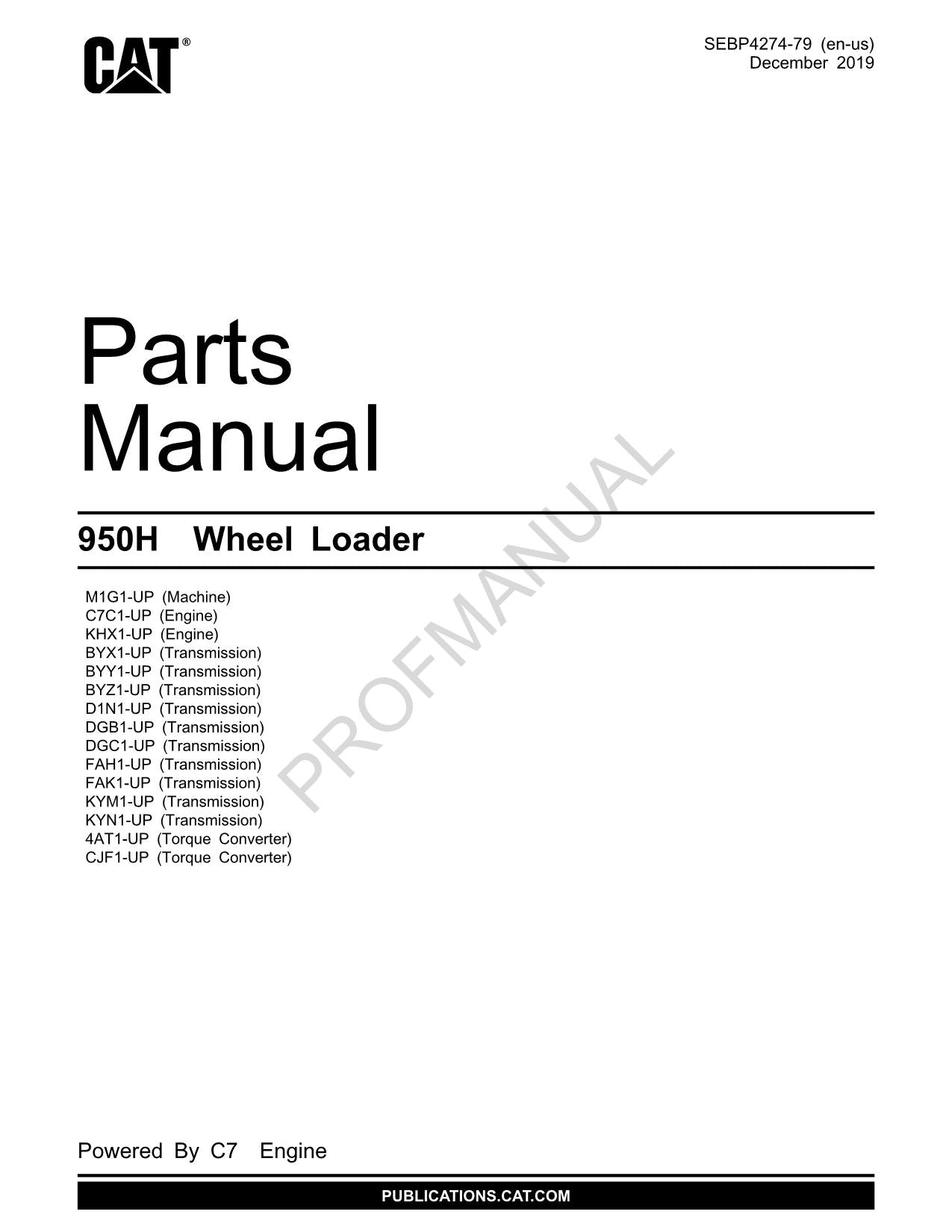 Caterpillar Cat 950H Wheel Loader Parts Catalog Manual SEBP4274