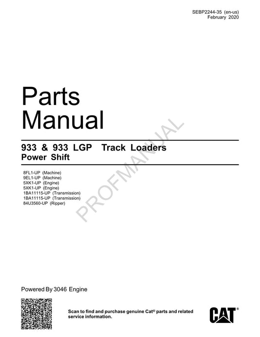 Catalogue de pièces détachées pour chargeuses sur chenilles Caterpillar Cat 933 933 LGP Power Shift Manuel