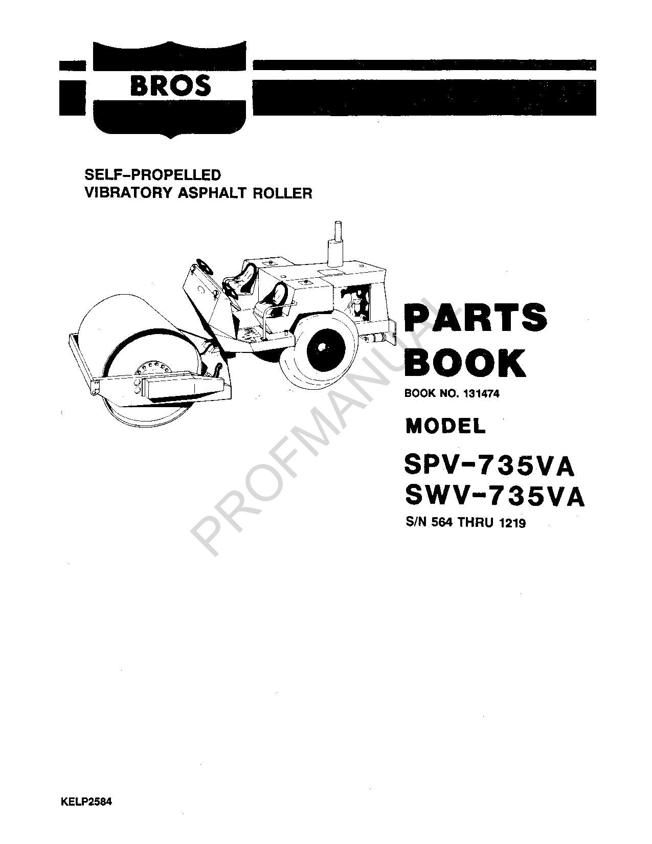 Caterpillar Bros SPV 735VA SWV735VA Self Propelled Roller Parts Catalog Manual