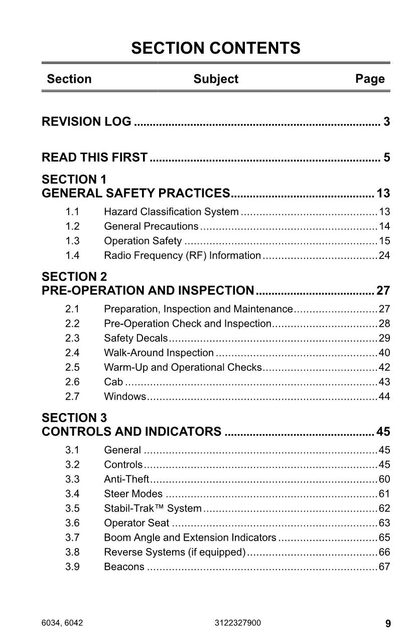 SKYTRAK 6034 6042 Telehandler Maintenance Operation Operators Manual 3122327900