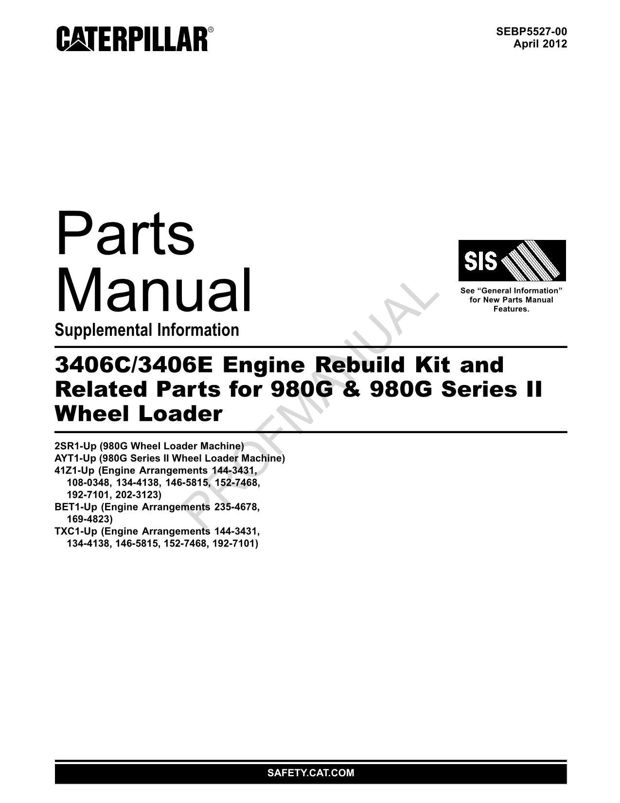 Caterpillar 3406C-3406E Engine 980G 980G Series 2 Loader Parts Catalog Manual