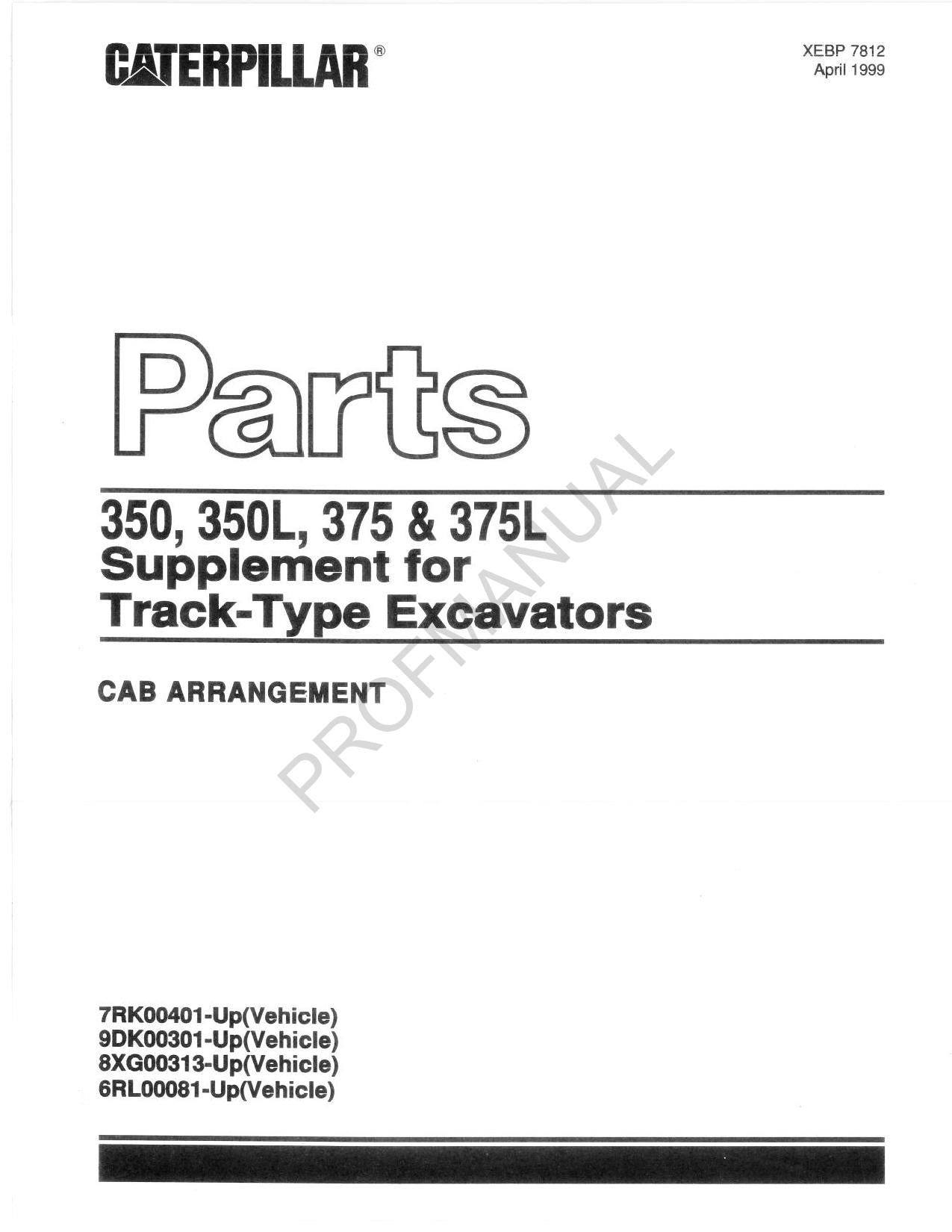 Caterpillar 350 350L 375 375L ERGÄNZUNG Kettenbagger Teilekatalog Handbuch