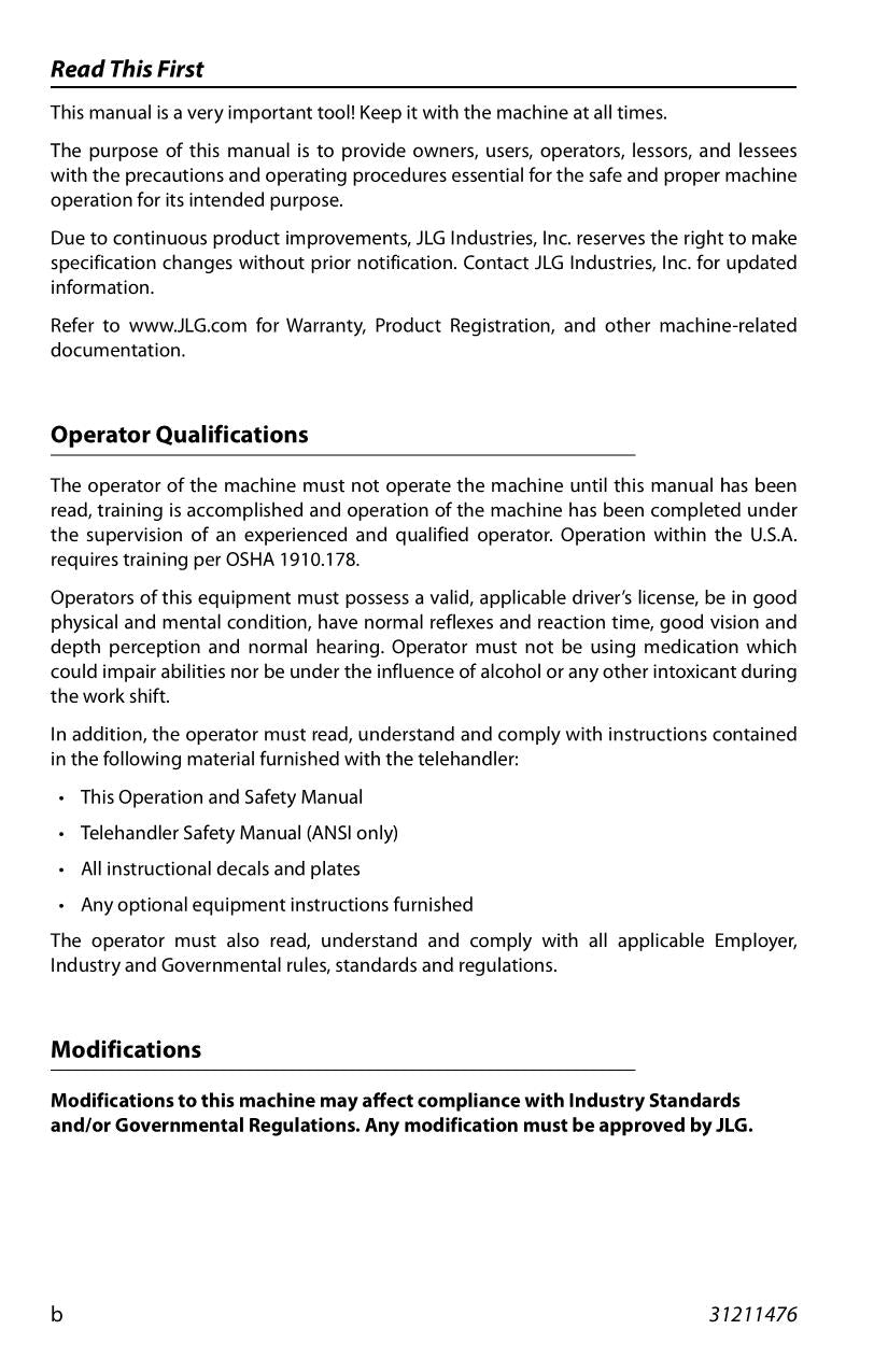 SKYTRAK 3013 Telehandler Maintenance Operation Operators Manual