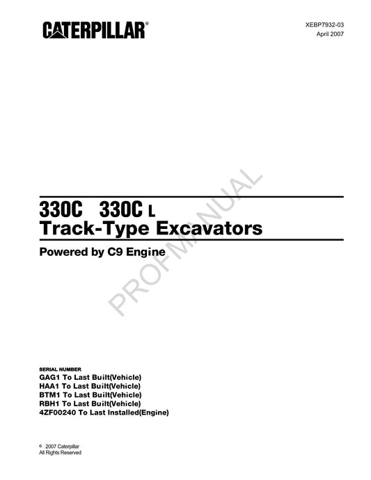 Manuel du catalogue des pièces détachées pour excavatrice à chenilles Caterpillar Cat 330C 330C L