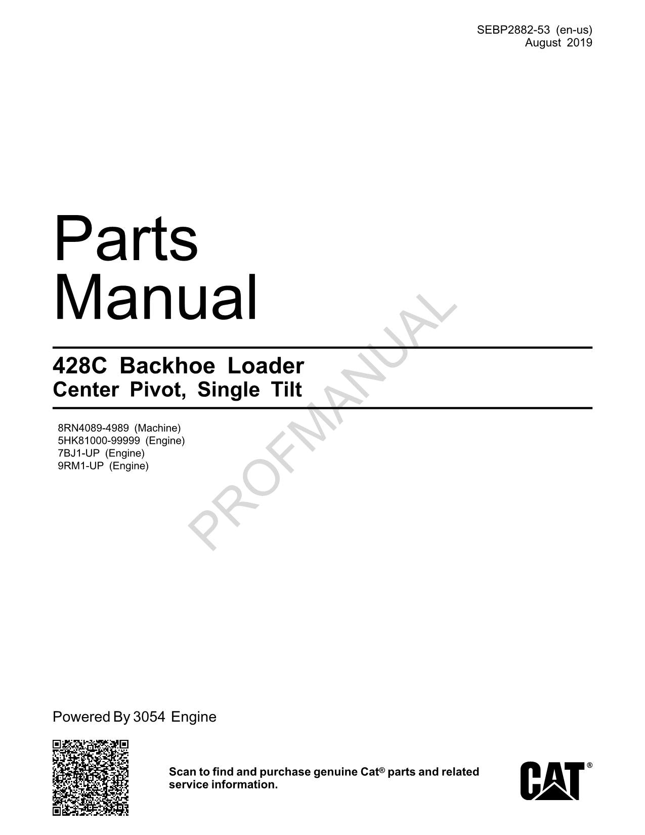 Caterpillar Cat 428C Backhoe Loader Parts Catalog Manual SEBP2882