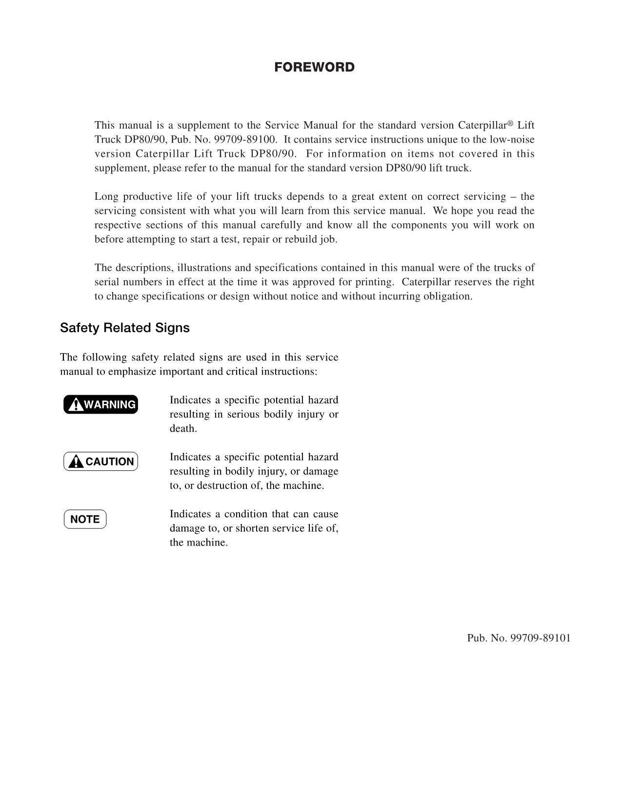 Caterpillar DP80 DP90 Geräuscharme Optionen Ergänzung Chassis Mast Servicehandbuch