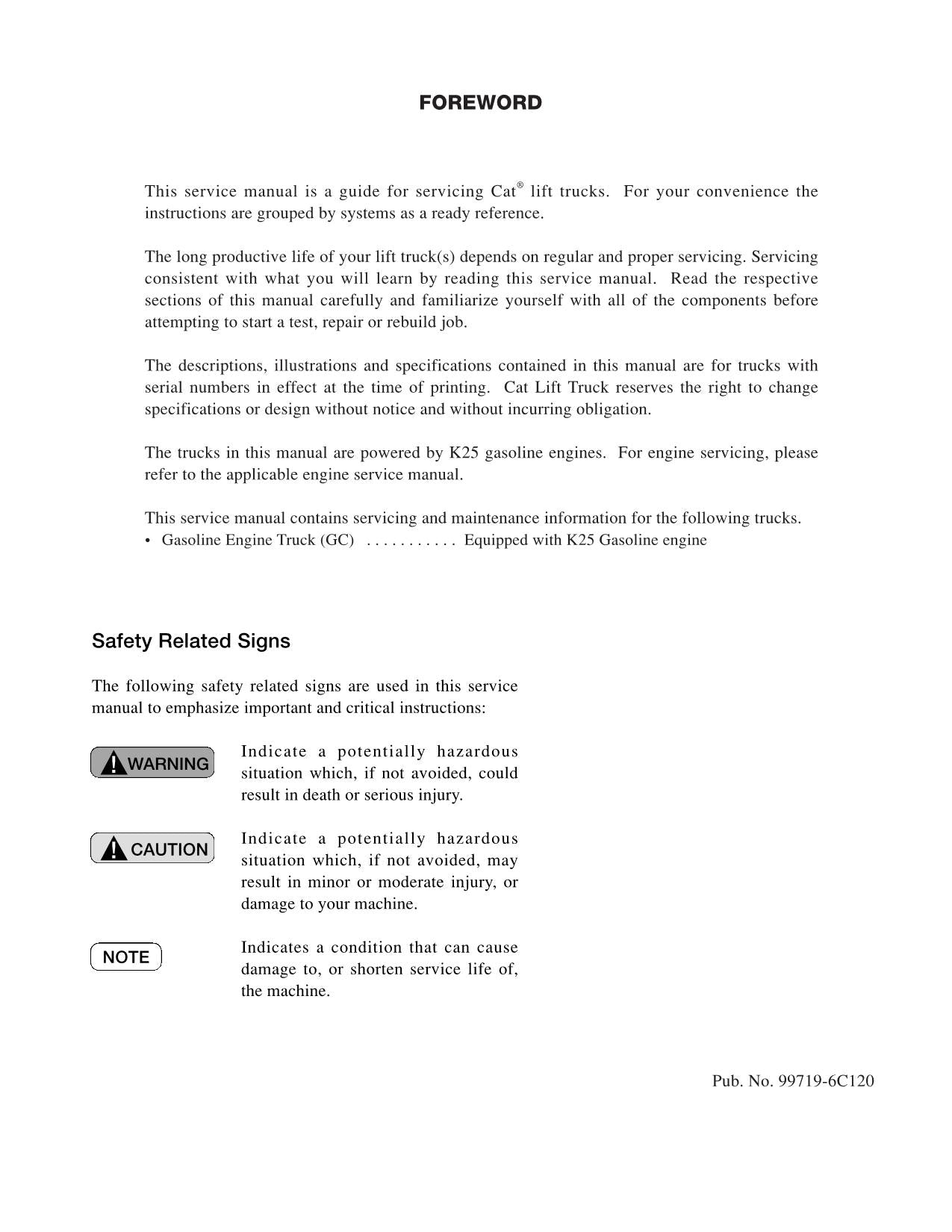 Caterpillar GC20N GC25N GC28N GC30N GC33N Fahrgestell-Mastoptionen Wartungshandbuch