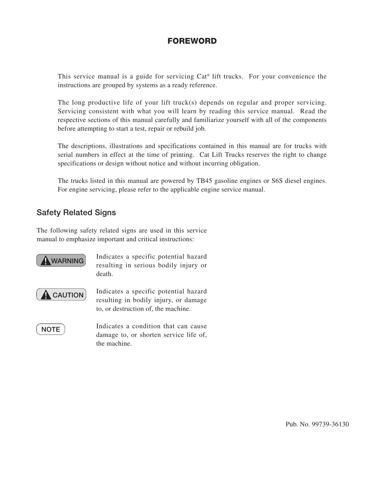 Caterpillar GP40K GP40KL GP45K GP50K DP40K DP40KL Forklift Service Manual 36130