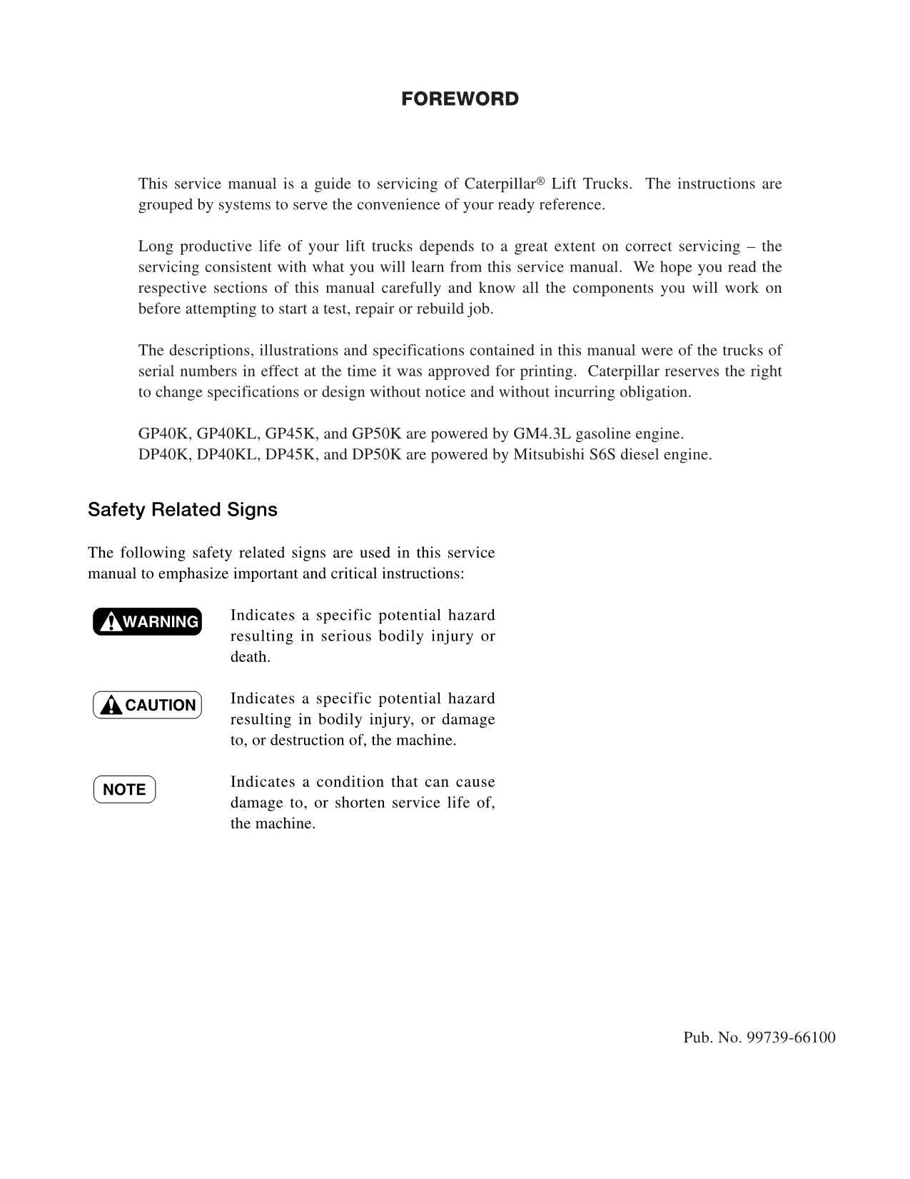 Caterpillar GP40K GP40KL GP45K GP50K DP40K DP40KL Forklift Service Manual 66100