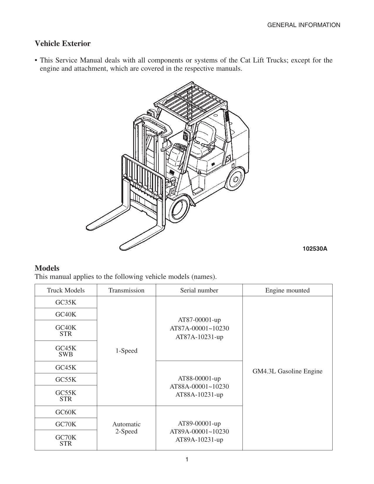 Caterpillar Forklift GC60K GC70K GC70K STR Chassis Mast Service Manual