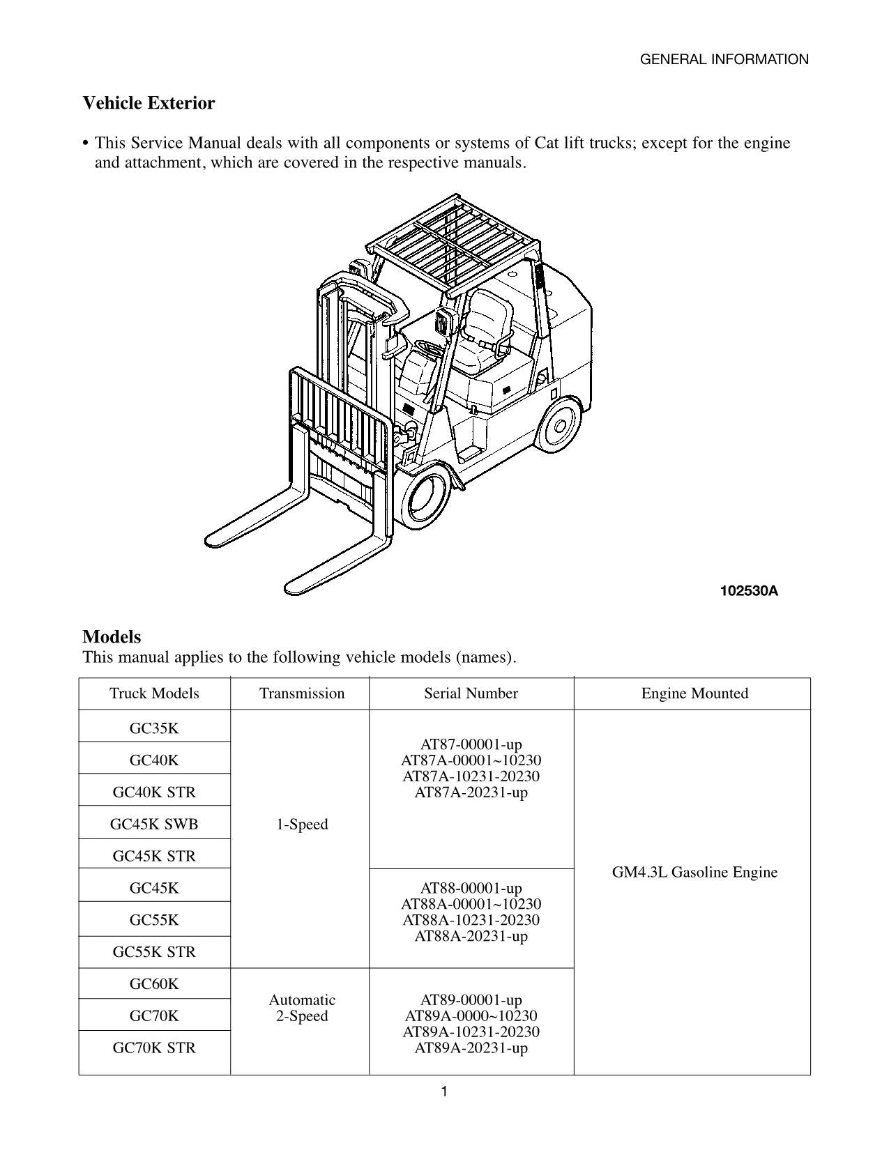 Caterpillar Forklift GC35K GC40K GC40K STR GC45K SWB Chassis Mast Service Manual