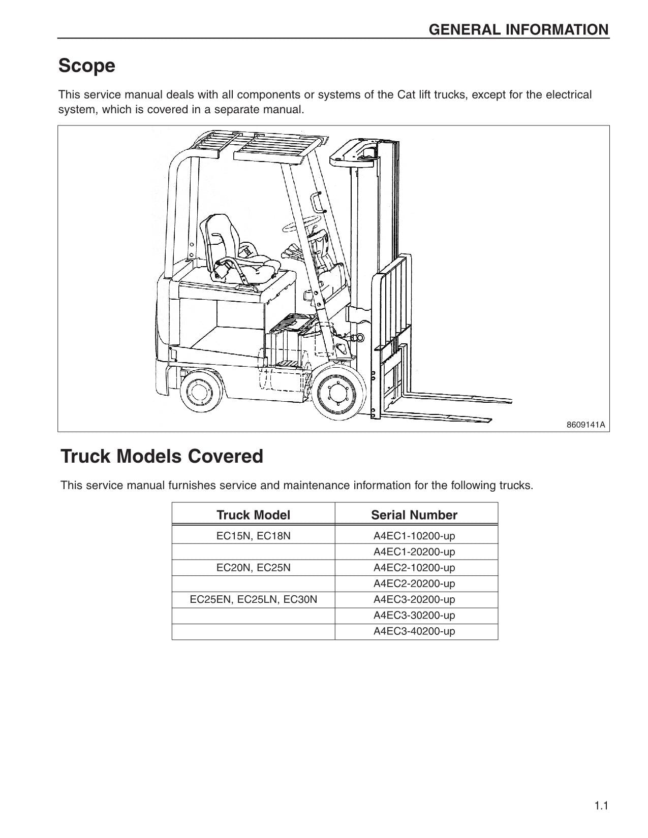 Caterpillar EC15N EC18N EC20N EC25N Lift Truck Forklift Service Manual