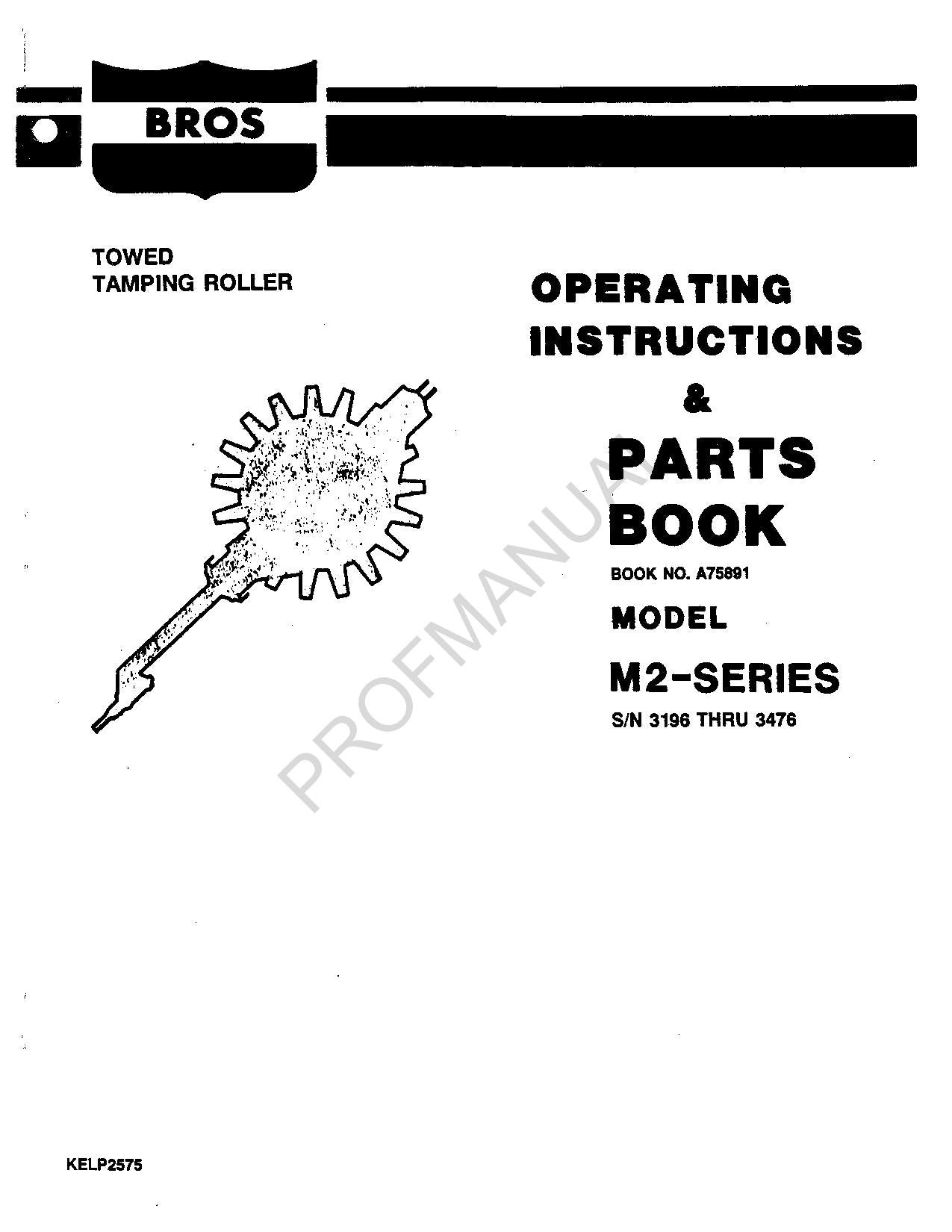 Caterpillar Cat Bros M 2 Series Towed Tamping Roller Parts Catalog Manual