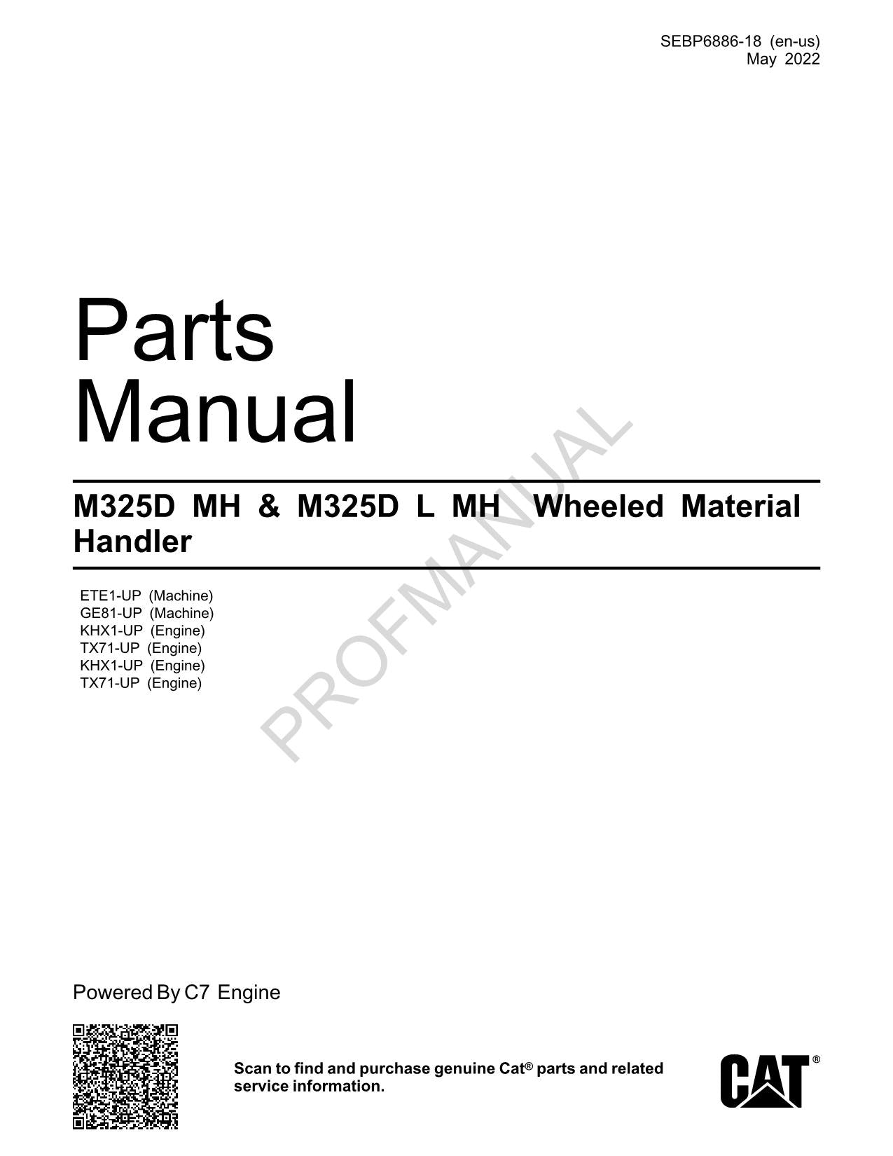 Caterpillar Cat Cat M325D MH M325D L Material Handler Parts Catalog Manual