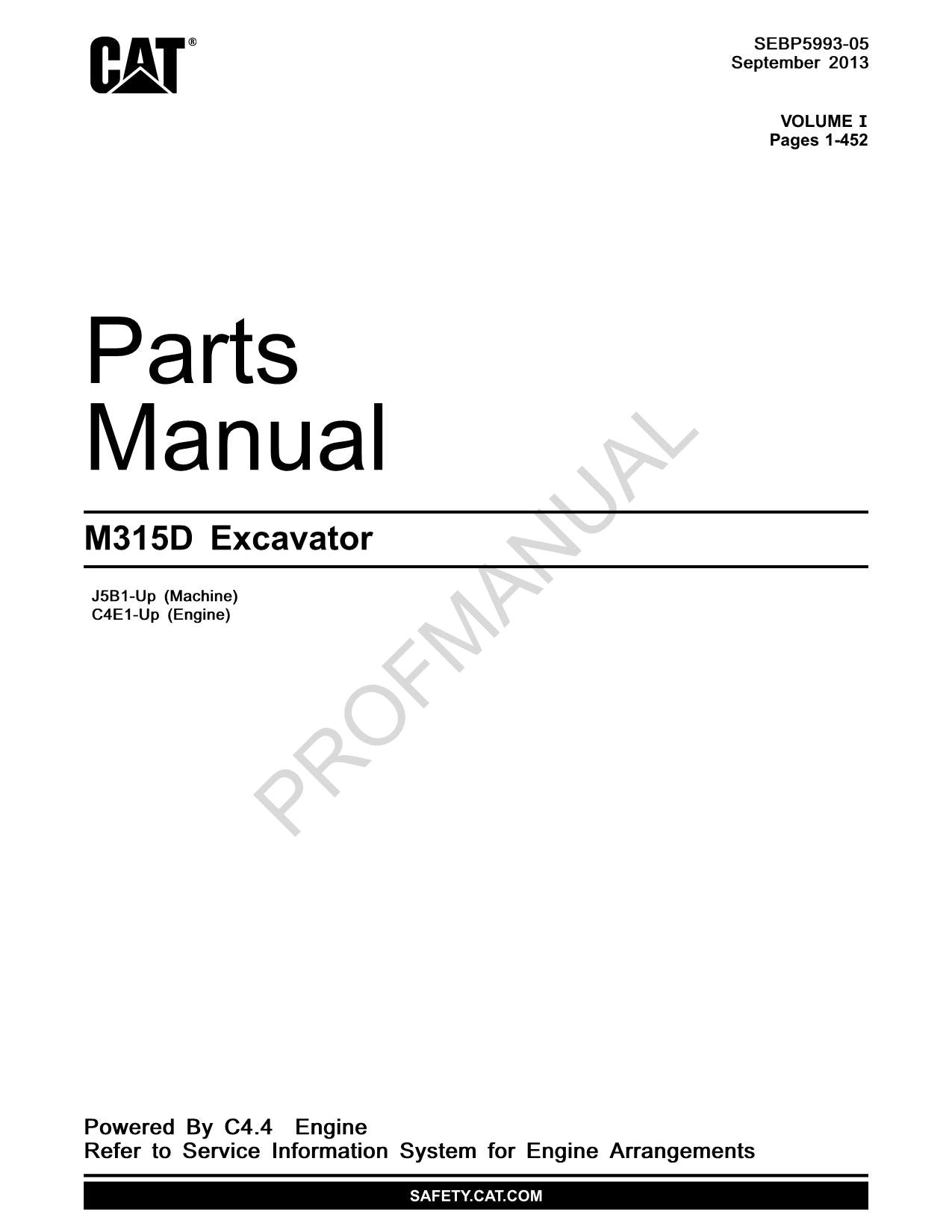 Caterpillar Cat M315D Excavator Parts Catalog Manual SEBP5993